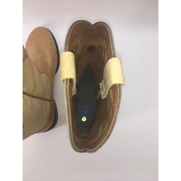 Ariat Mens 10.5 Beige Tan Leather Western Boots Blue Embroidered Round Toe 35421